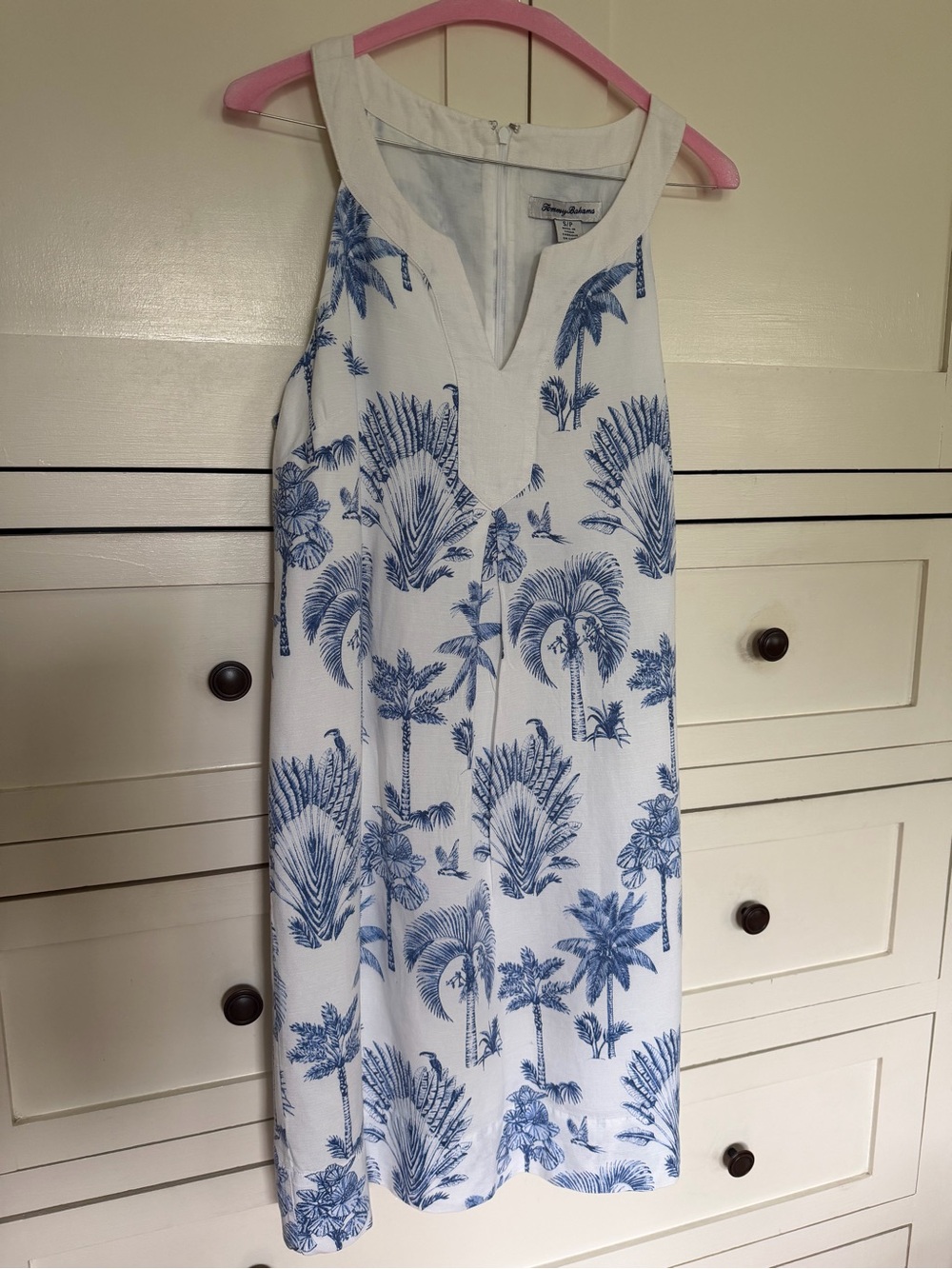 Tommy Bahama White Shift Dress with Blue Palm Motif